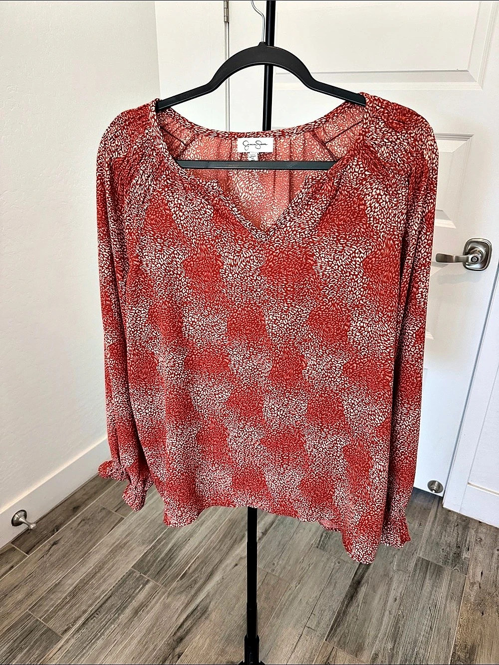Jessica Simpson Abstract Long Sleeve Blouse in Red Like New